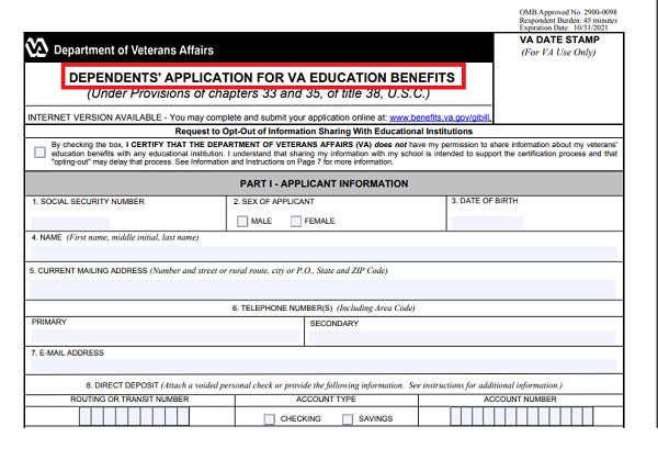 Dependant's application for VA education benefits