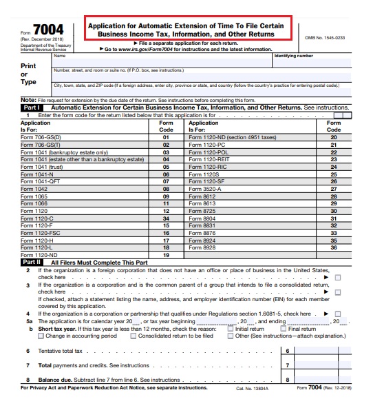 Form 7004 for tax extension