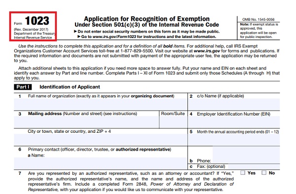 Form 1023: Application for 501c3