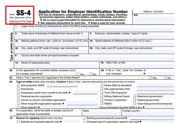 SS-4: Employer Identification form