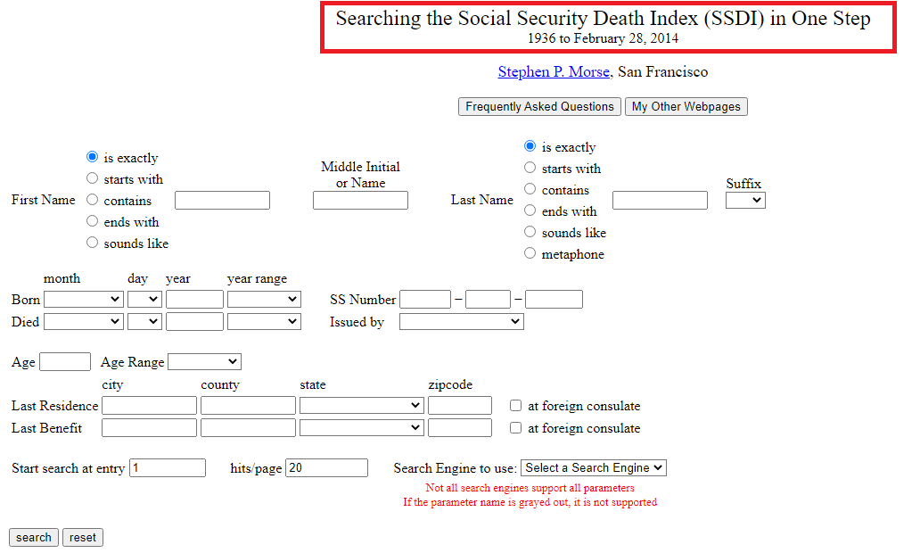 Searching the Social Security Death Index (SSDI) in One Step website